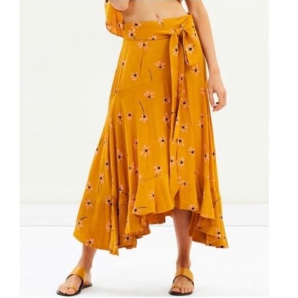 Faithful the brand Kamares floral prints Flowy midi skirt mustard yellow Sz 4